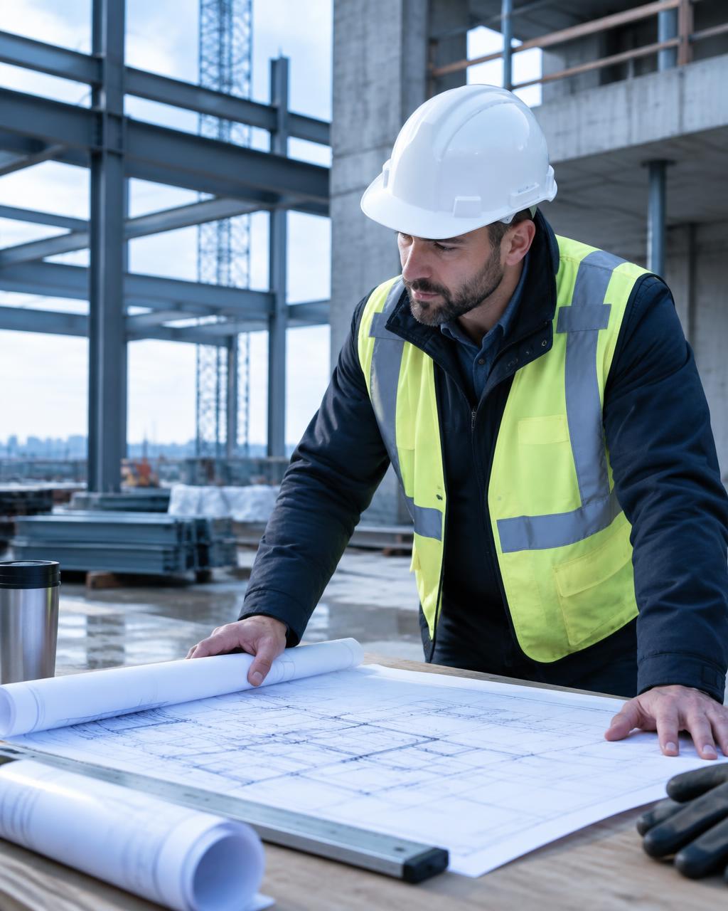Construction professional reviewing blueprints on a job site