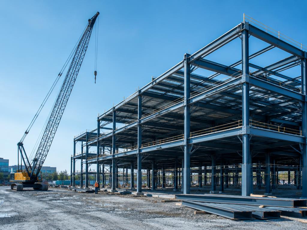 Steel structure rising on a commercial construction site