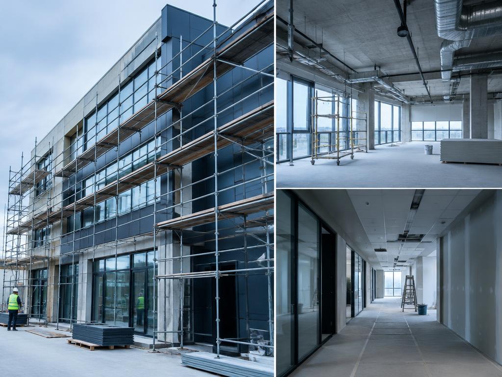 Commercial building renovation with scaffolding