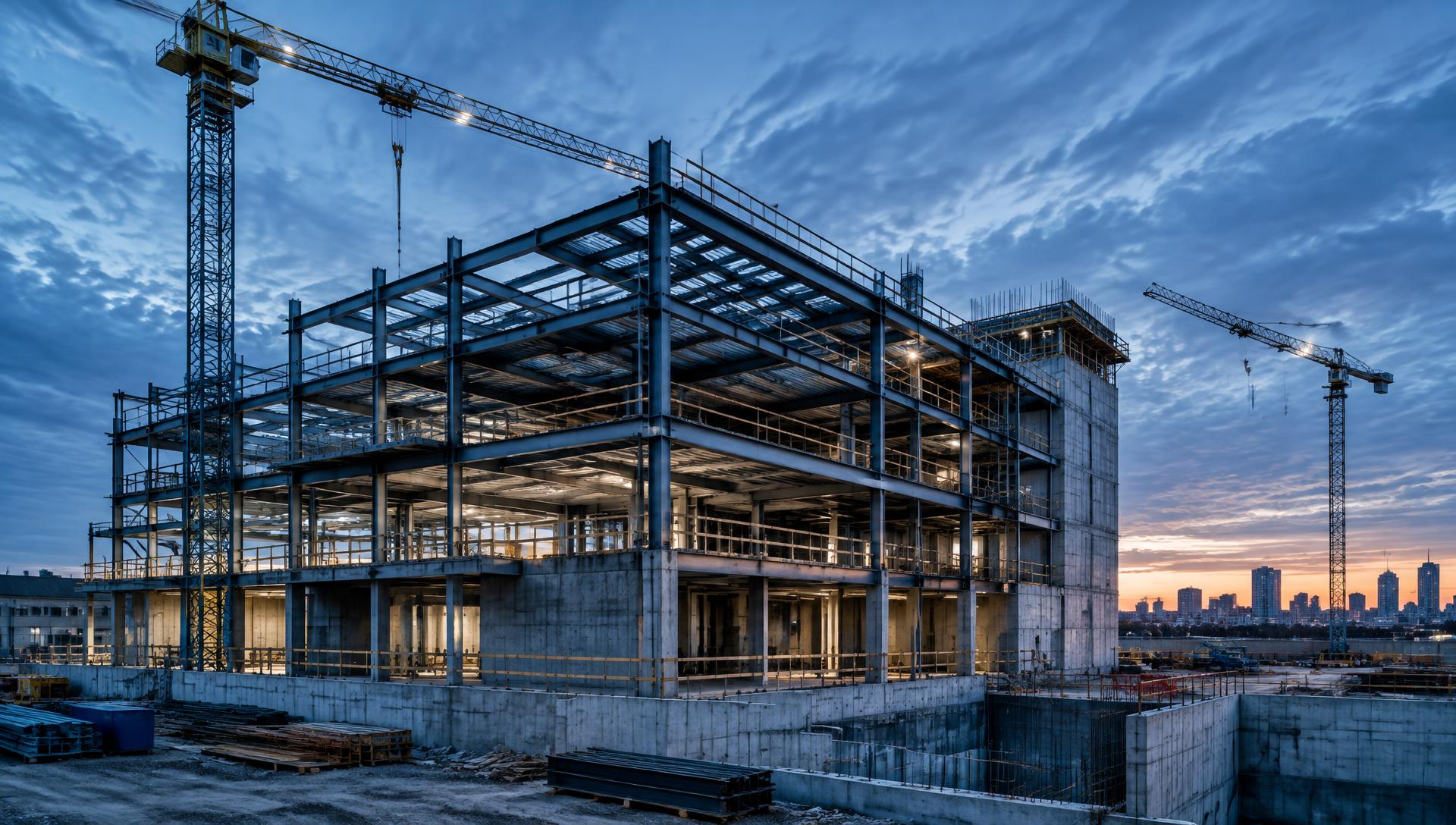 Commercial building steel frame under construction at dusk