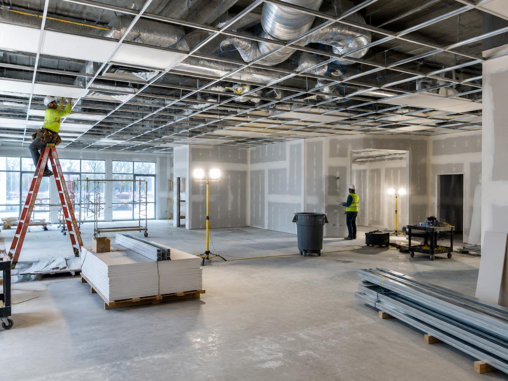 Interior build-out with ceiling grid and drywall